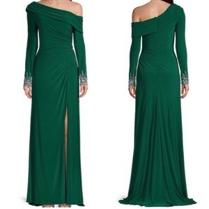 MAC DUGGAL Emerald Green Asymmetric Jeweled Cuff Gown - Size 6